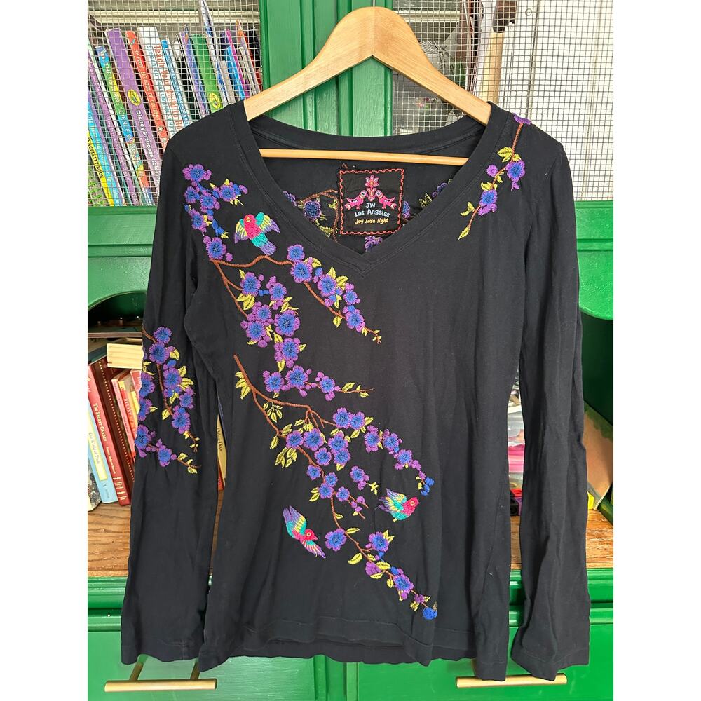 Johnny Was Los Angeles Black Long-Sleeved Embroidered Shirt Size 6/Small